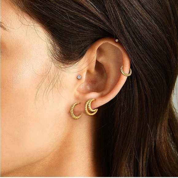 GOLD 14k Gold Plated CZ Hoop Stud 5 pairs Earring Set - Picture 2 of 3